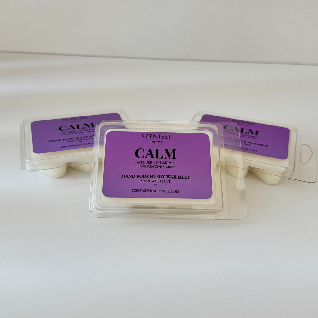 Three Scentsei Fragrance wax melts labeled 'CALM' on a white background