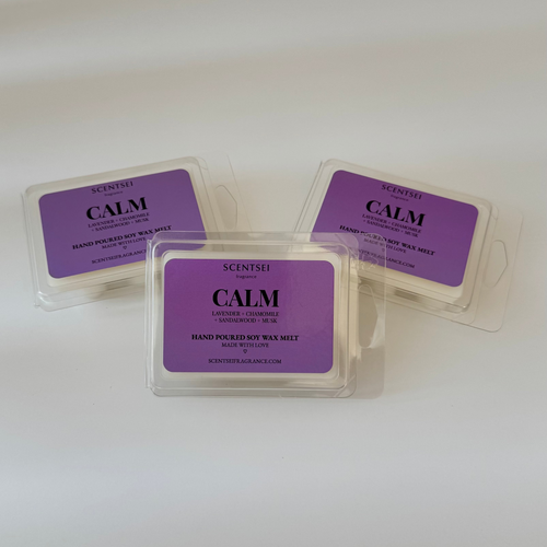 Three Scentsei Fragrance wax melts labeled 'CALM' on a white background
