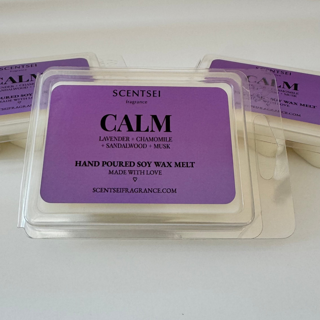 Three Scentsei Fragrance wax melts labeled 'CALM' on a white background